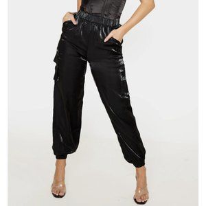 Plus Size Satin Jogger Pants High Waist Black